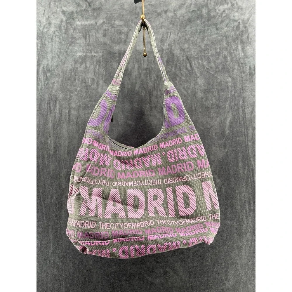 Robin Ruth Madrid Spain Canvas Hobo Shoulder Bag Travel Souvenir Gray Purple